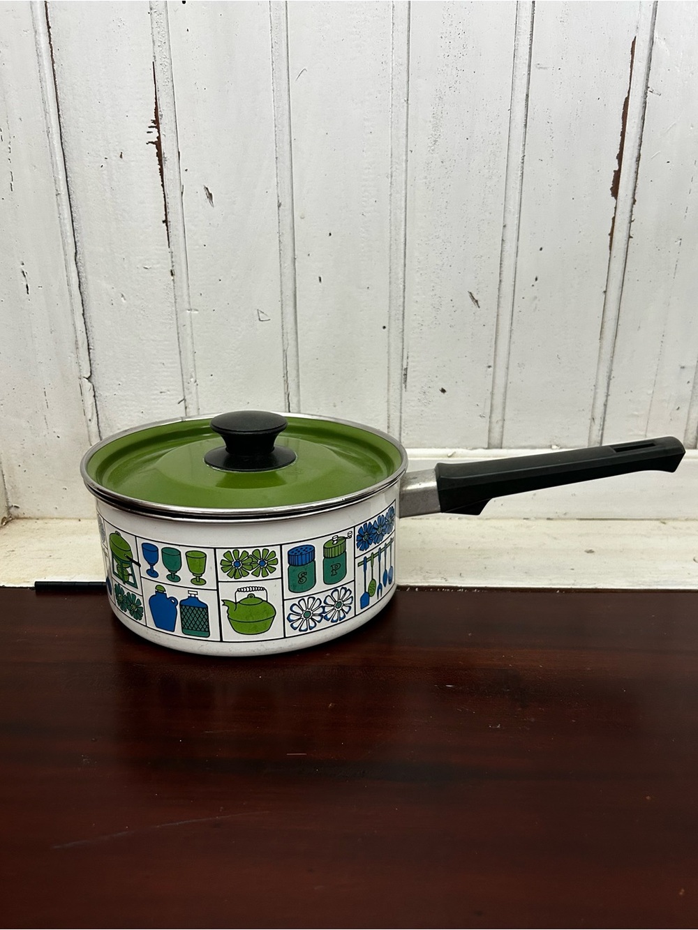 VTG Retro Enamel Danish Kitchen Saucepan Pot GHC 6.75” Green Blue Mid Century